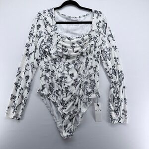 YOZY Floral Ribbed Long Sleeve Bodysuit White Black Ruched Square Neck XL‎ NWT